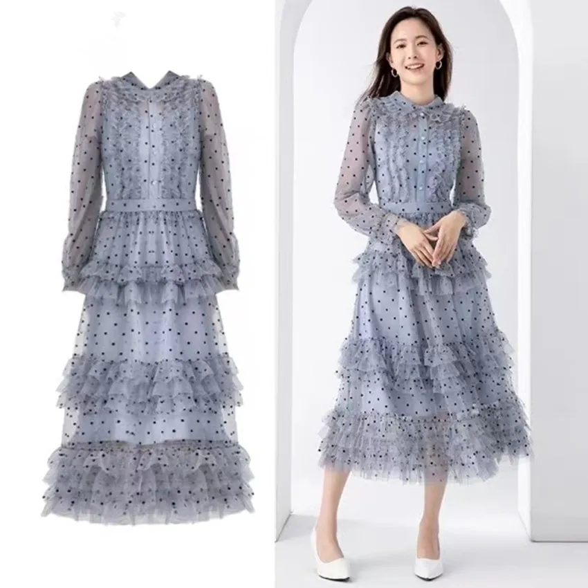 French New Autumn Mesh Wave Point Gray Midi Dress Women Doll Collar Diamons Button Dot Print Ear Fungus Edge Cake Party Vestidos