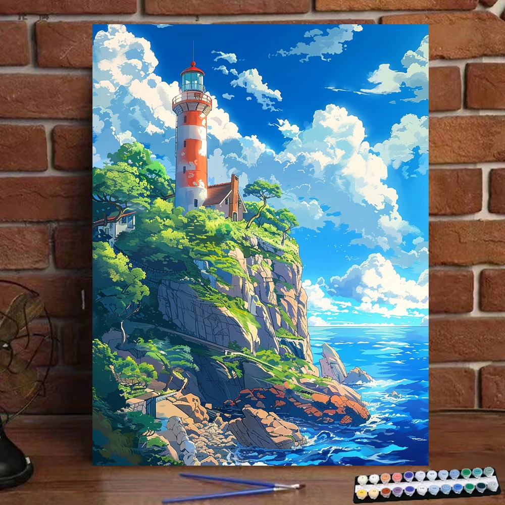 Pintura por números de paisaje costero, arte de cultura, pintura Digital hecha a mano, regalo para adultos y niños, decoración de pared, excavación