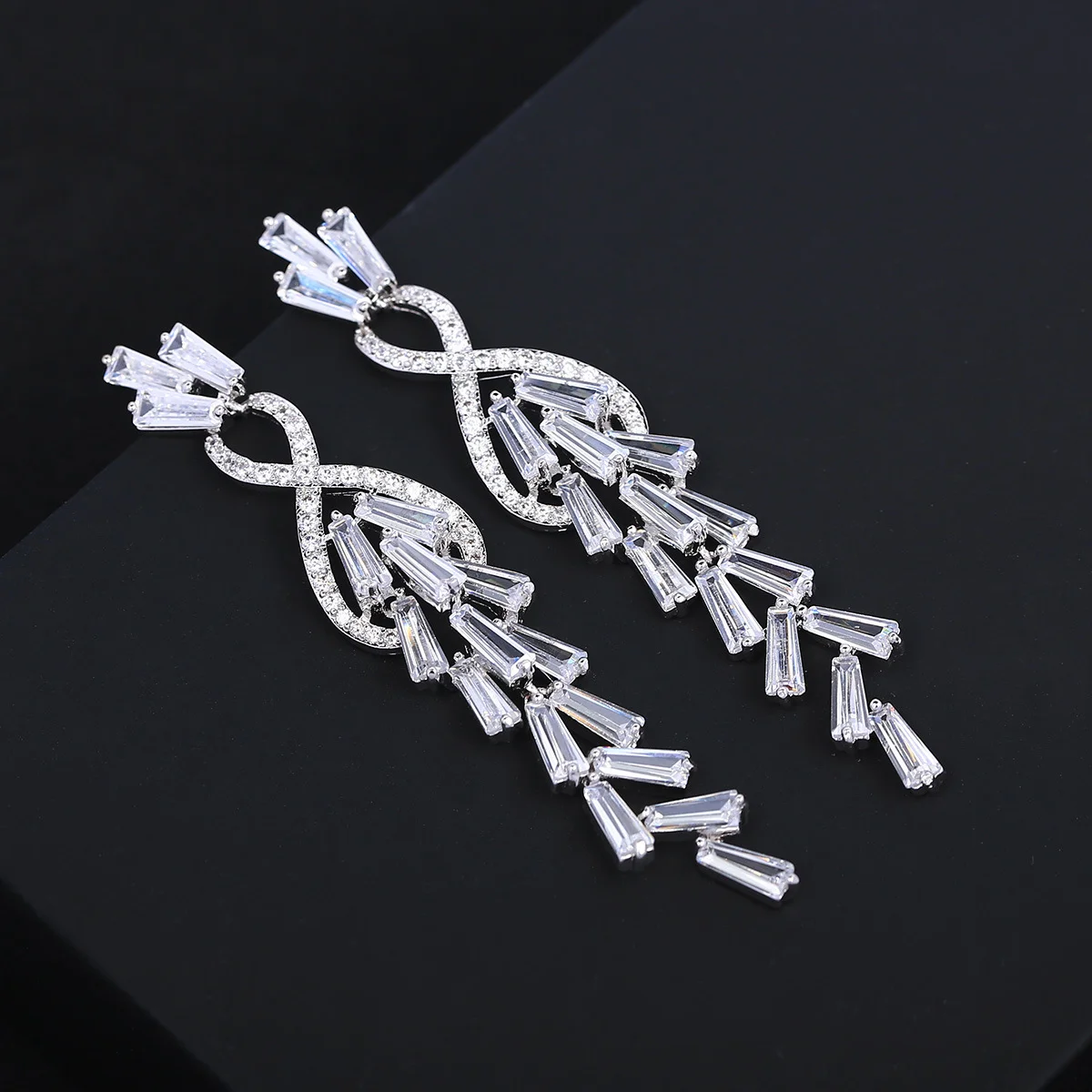 

925 Silver Needle Luxury Infinity Baguette Zircon Tassel Drop Earrings, Elegant Bridal Wedding Jewelry Gift for Women