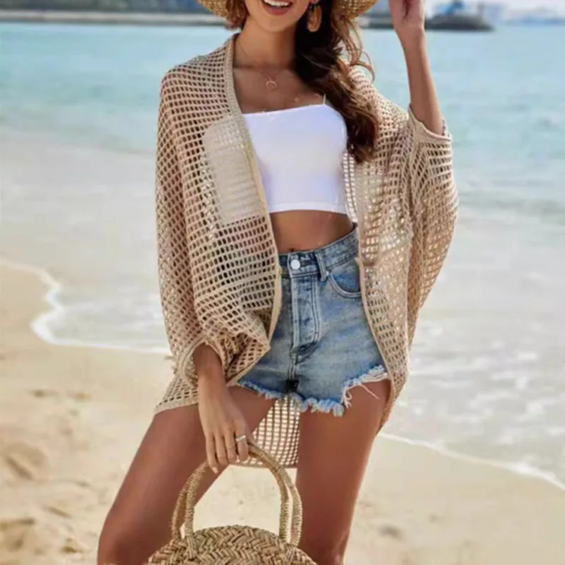 Boring Honey Vacation Hollow Knitting Cardigan Women's Thin Sunscreen Loose Bikini Beach Blouse Long Shawl Coat Sexy Women Tops