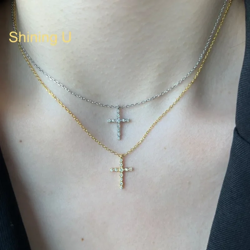 

Shining U S925 Silver Zircon Gems Cross Jewelry Set Necklace Ring for Women Fine Jewelry New Year