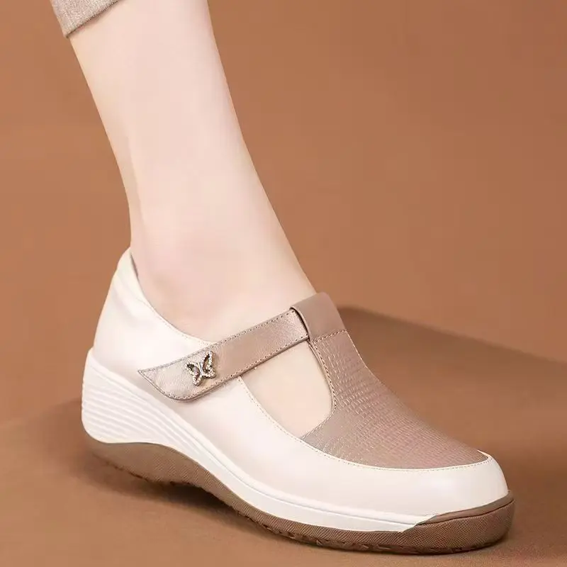 

Women Leather Wedges Velcro Casual Shoes Spring Autumn New Thick Sole Non Slip Round Toe Lightweight Nude Shoes Elderly Shoes