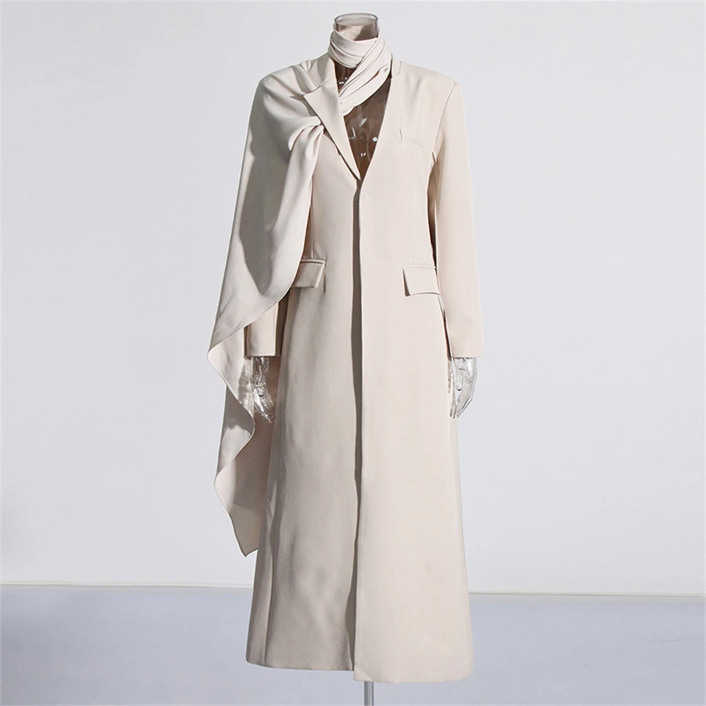 Apricot Long Coat for Women with Scarf Single Breasted Long Sleeve Full Length Jacket 2024 New Trendy Fashionable Pageant Wear