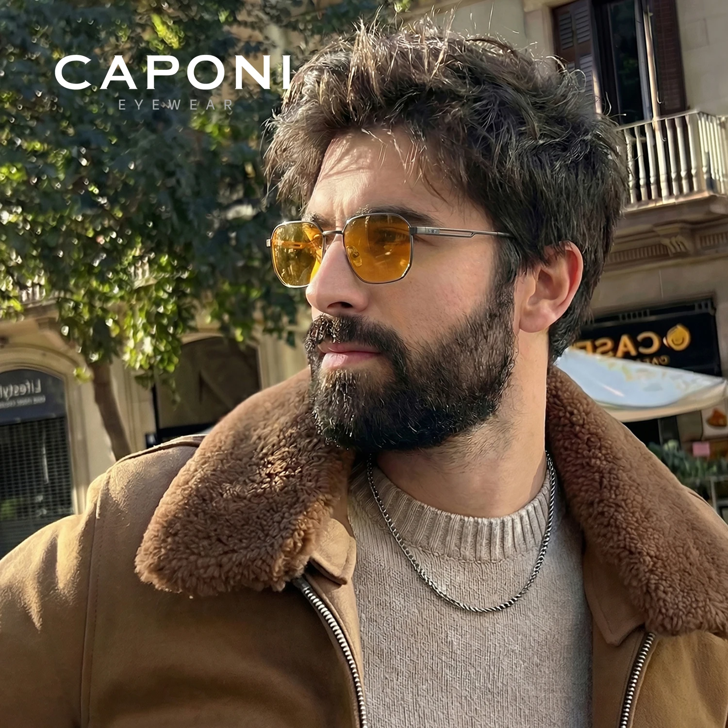 CAPONI Night Vison Men Sunglasses New Light Original Design Photochromic Brown Sun Glasses Driving UV400 Yellow Shades BSYS24708