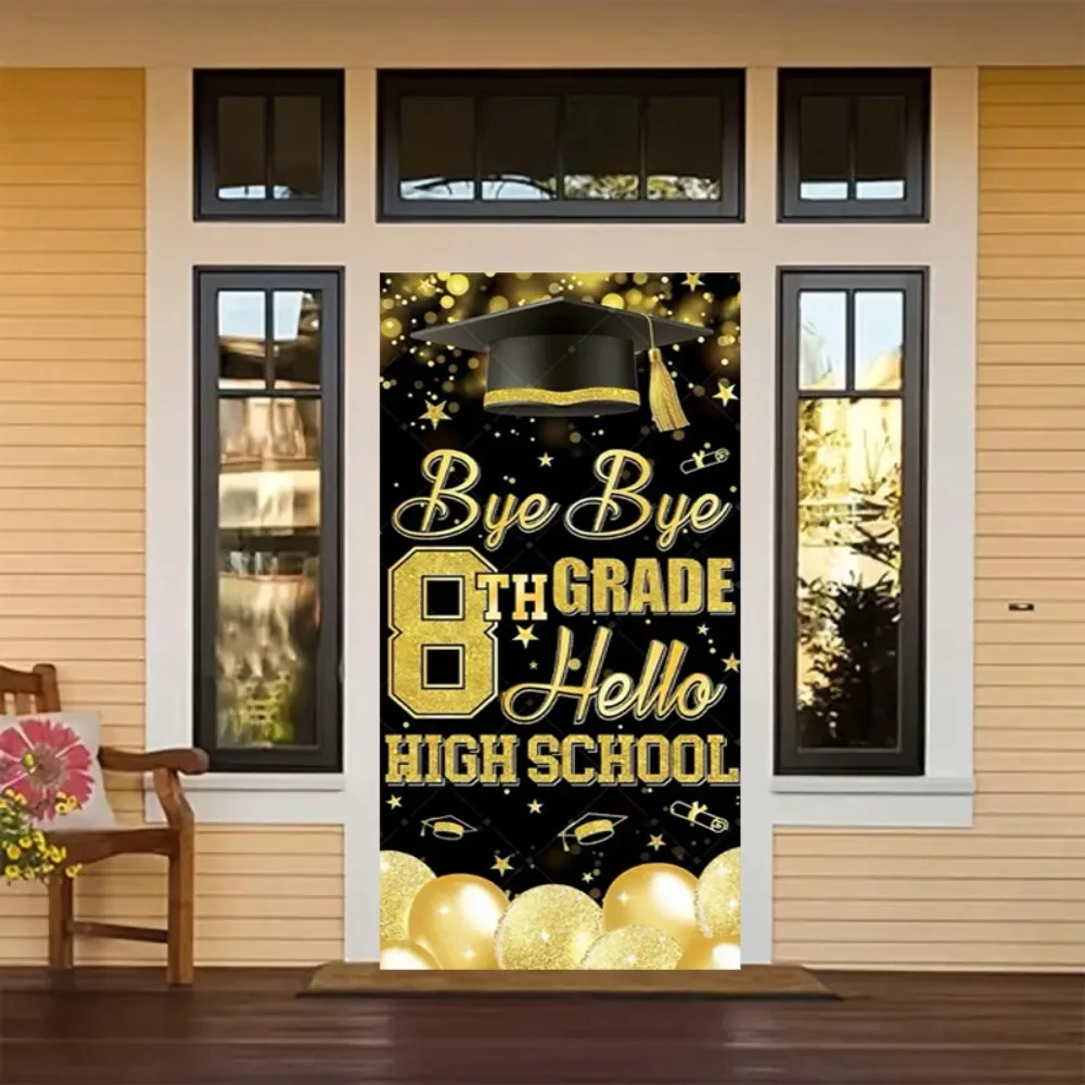 Black Gold Balloon Star Theme Graduation Door Frame Background, Graduation Celebration Party Door Blessing Photography Backdrop