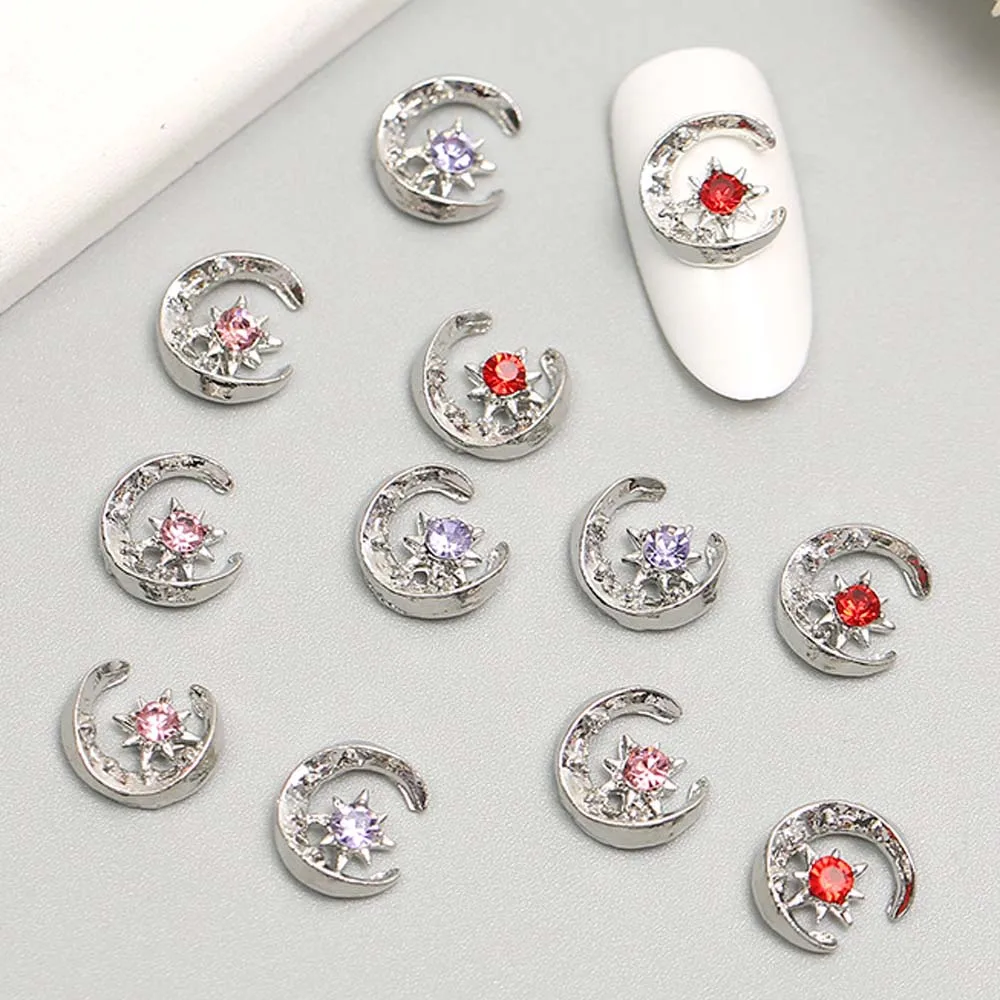 10pcs Alloy Crystal Moon Nail Art Charm 3D Shiny Pink Round Gem Metal Moon Nail Decoration DIY Luxury Manicure Accessories