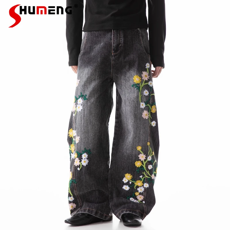 Pantalones vaqueros con bordado Floral de estilo americano para hombre, novedad de Otoño de 2025, pantalones curvos holgados Retro, pantalones vaqueros largos de pierna ancha a la moda