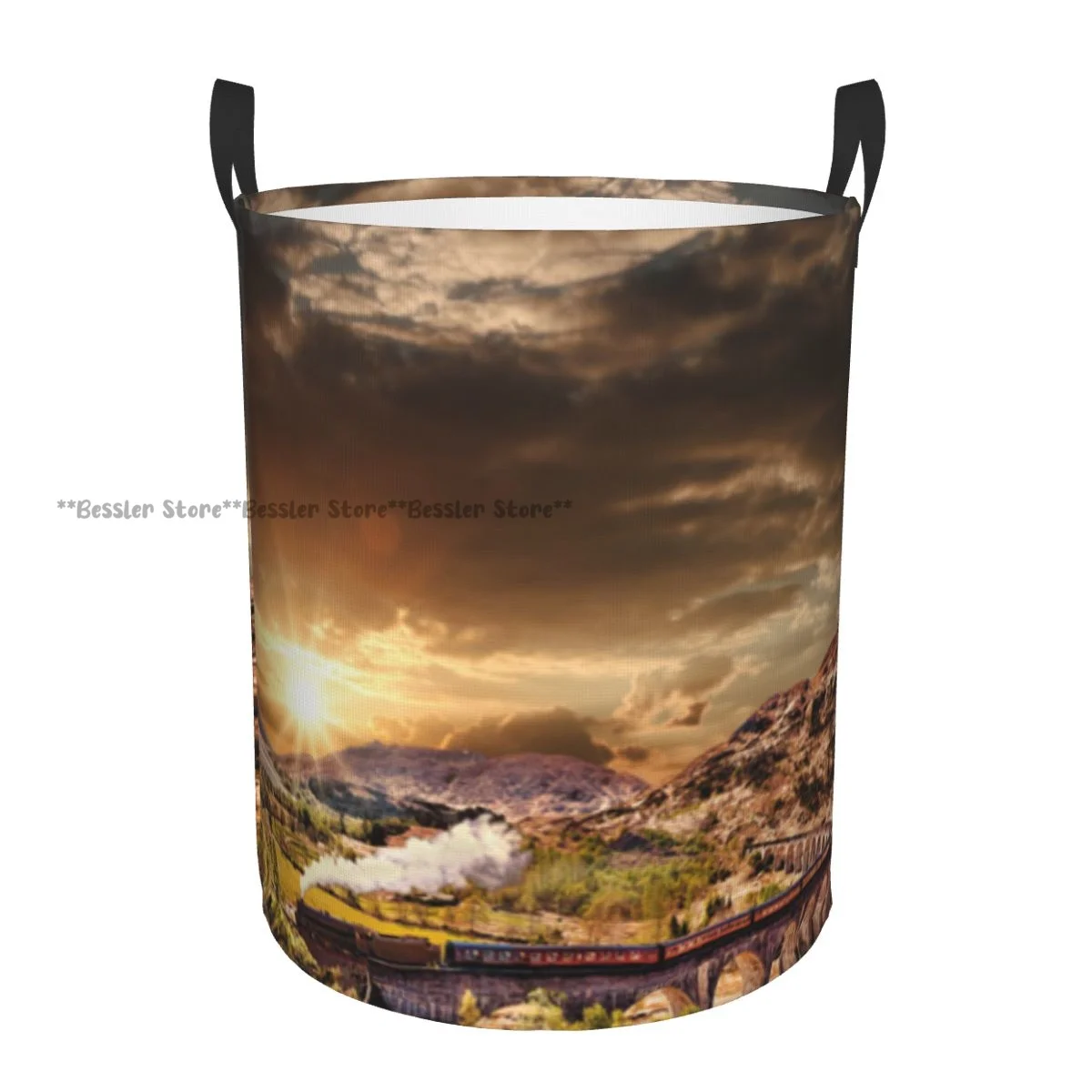 

Складная корзина для белья для грязной одежды Волшебник Экспресс Знаменитый поезд Glenfinnred Railway Выпускник Шотландии Корзина для хранения заката