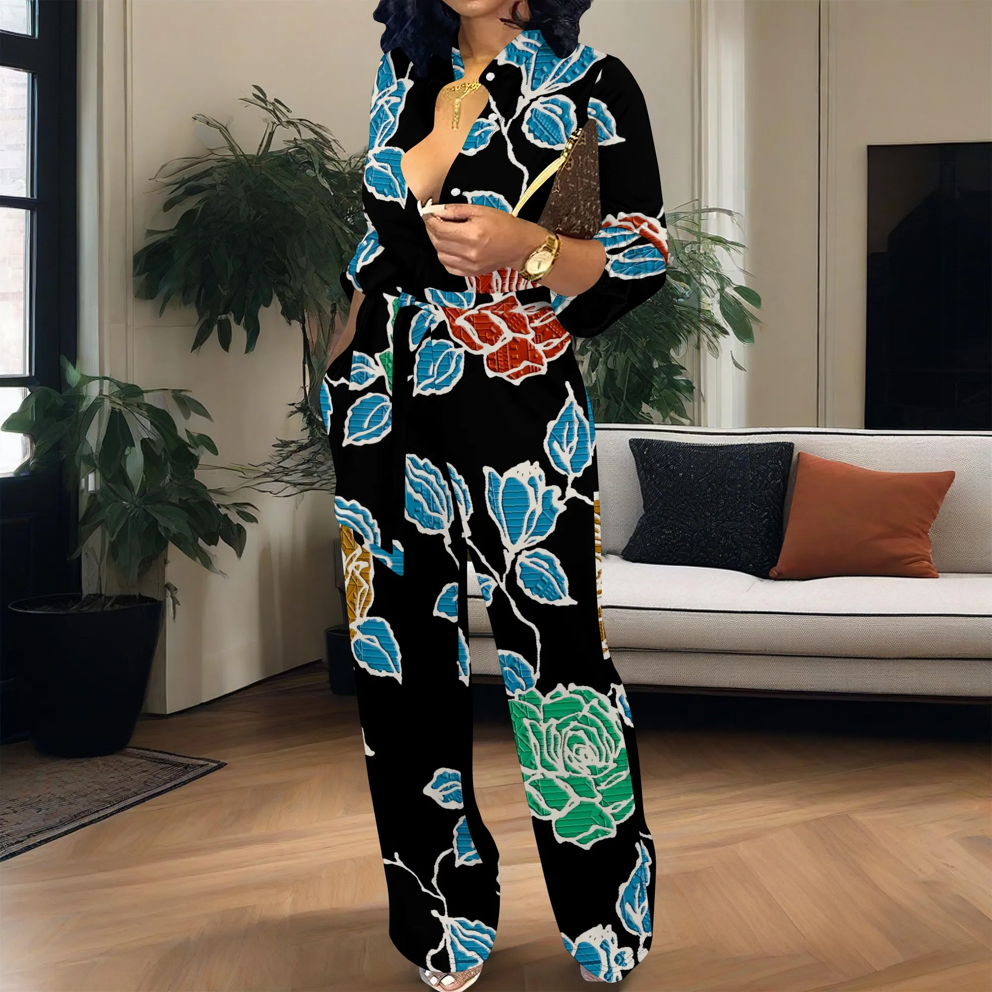 Women’s Long Sleeve Jumpsuit Colorful Leaf Print Belted Waist Loose Fit Wide Leg Casual One Piece