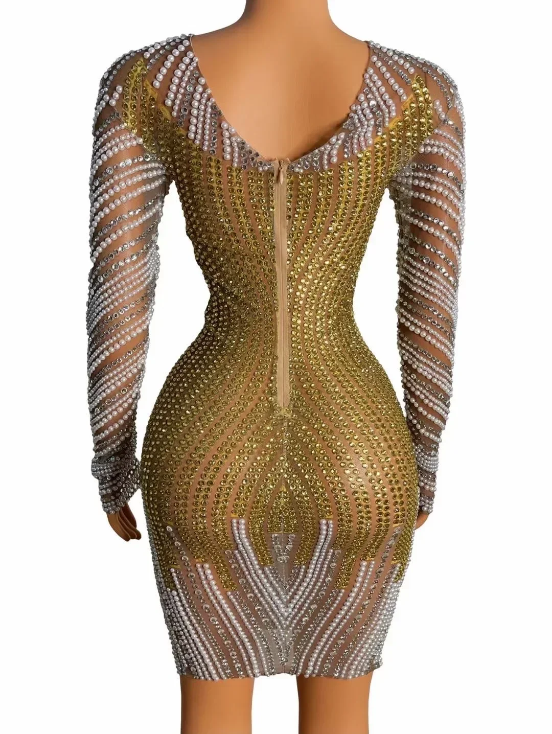 Gold Shining Rhinestones Pearls Sexy Long Sleeves Sheath Dress For Women Nightclub Party Clothing Birthday Prom Stage Costume
