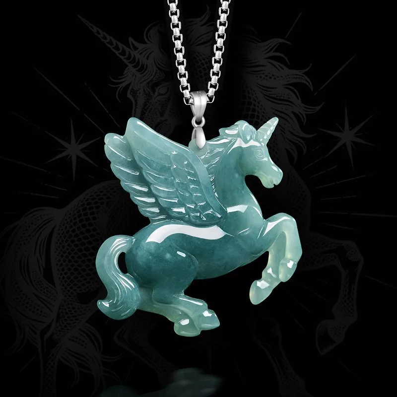 

New Natural Real Emerald Blue Water Starlight Unicorn Pendant Myanmar Jadeite Necklace Jewelry Charm Designer Luxury Gifts Women