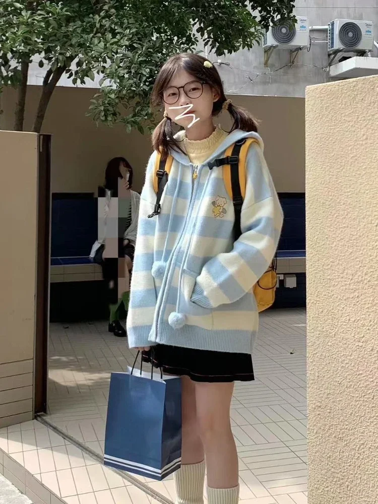 Cardigan lavorato a maglia con ricamo per cani cartoni animati giapponesi Kawaii da donna, giacche maglione a righe tutte abbinate, cappotti con cappuccio Kardigany