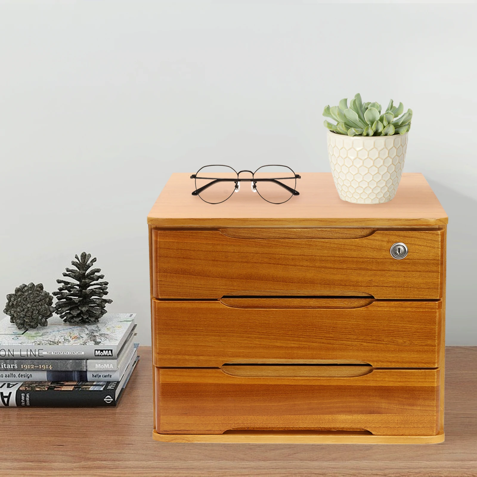 

3-storey Log Color Storage Cabinet with Lock Wooden Bedside Table Large Capacity Storage Drawer Multifunctional Locker