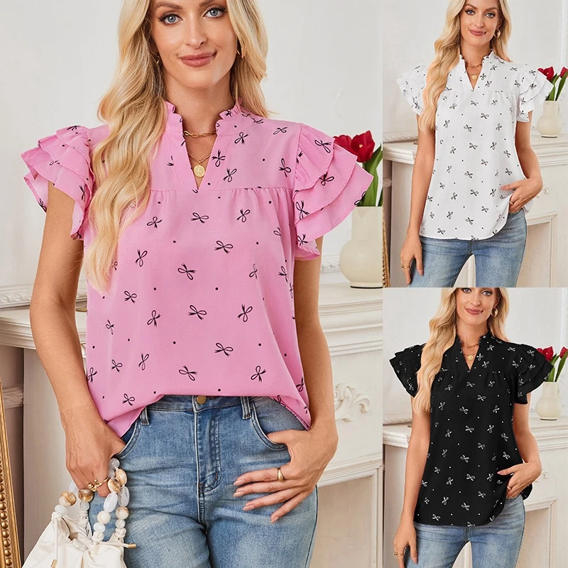 

Women V Neck Chiffon Blouse With Layered Ruffled Bell Sleeves Sweet Summer Casual Tops Feminine Flowy Loose Shirt Daily Wear