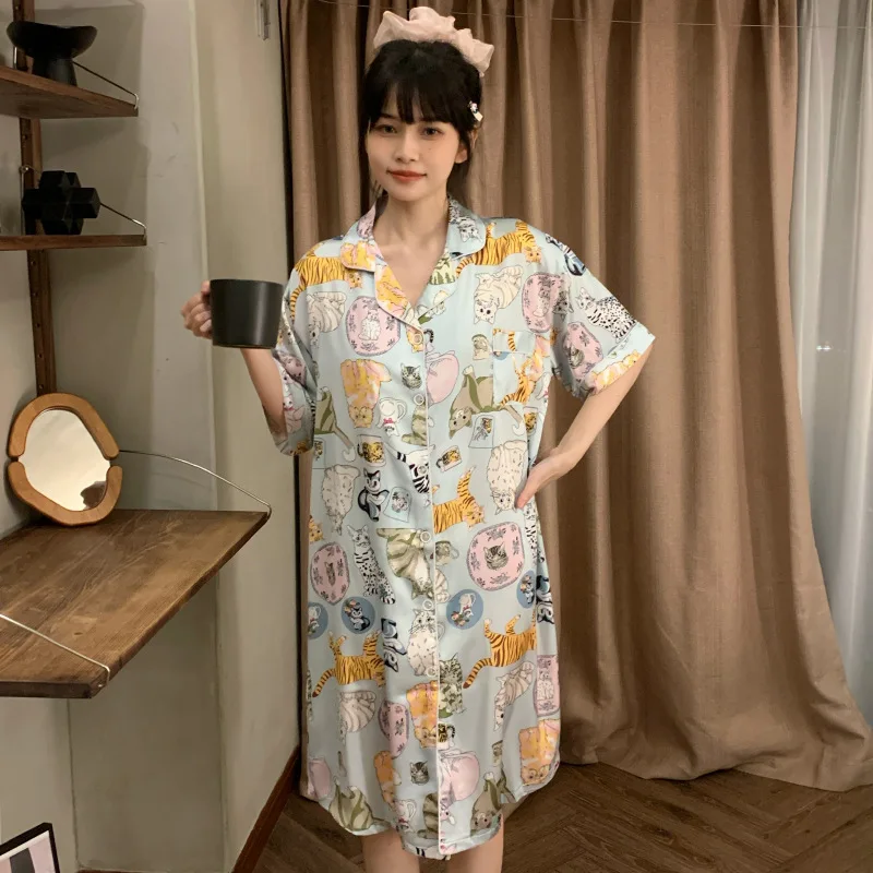 Women Nightgowns Satin Silk Animal Print Shirt Sleepwear Buttons Nightwear Dress Sexy Lingerie Gown Robe Homedress Nightdress