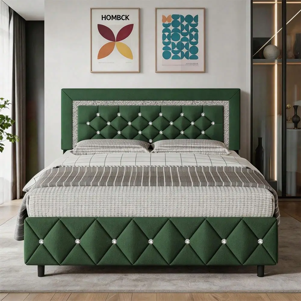Bed Frame, Modern Platform Bed Frame With Diamond Headboard And Footboard, No Boxing Spring Needed, Easy Assembly, Black Grey P