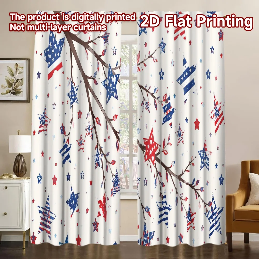 2D FLAT PRINTING 2pcs Curtains (Without Rod) Independence Day Starry Branch Chic Curtains Polyester Curtains Thermal Insulation,