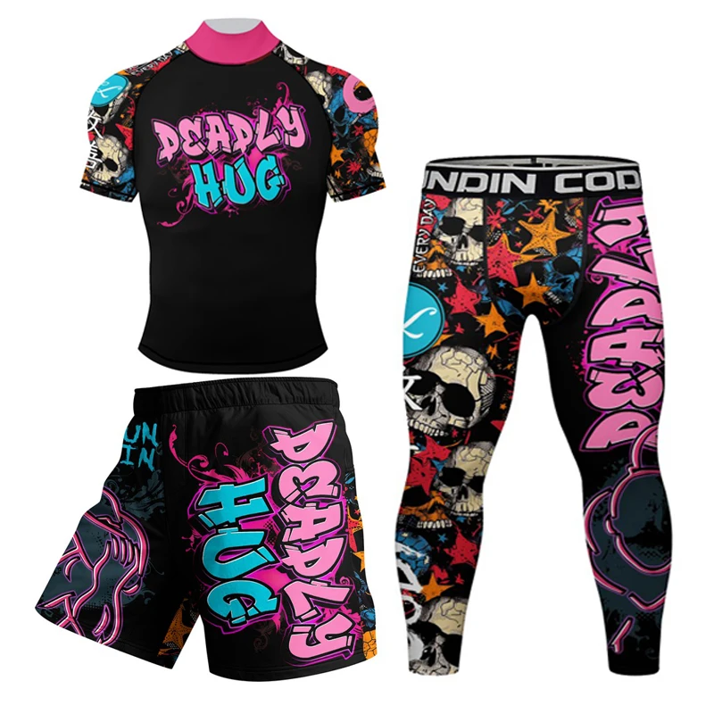 New Skull MMA Compression Rashguard T-Shirt+Shorts Set Bjj Rash guards Jiu Jitsu Shirts Muay Thai Workout Boxing Clothing Suit