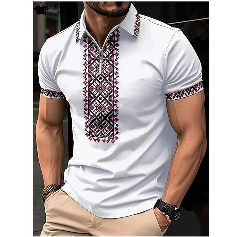 3D Vintage Ethnic Style Casual Polo Shirt Mens Big Size Big Size Short Sleeve Zip Printed Polos Fashion Outdoor Sport Polo Shirt image 4