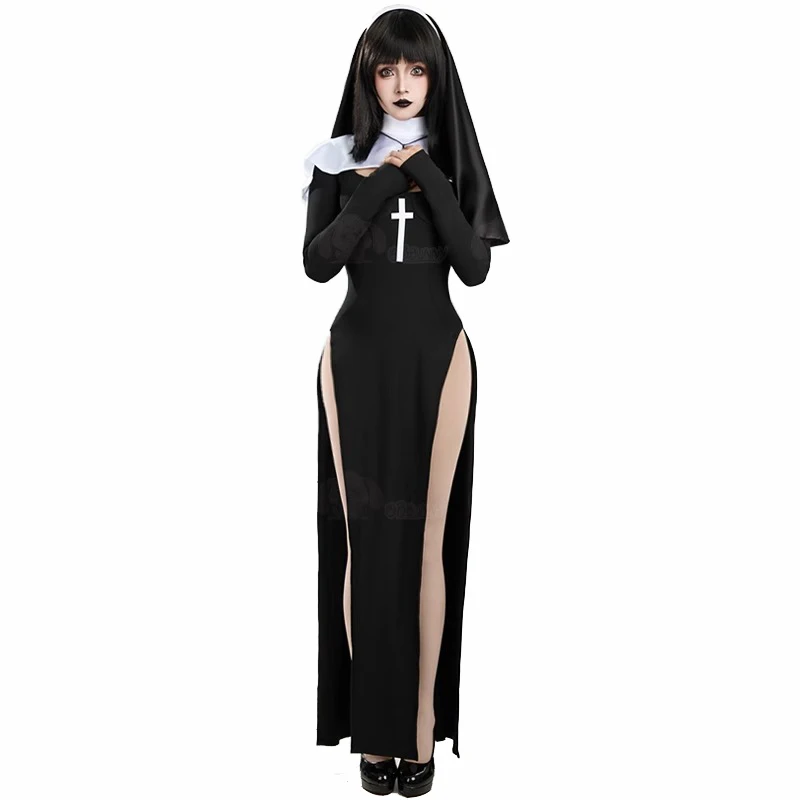 

Sexy Long Sleeve Balck Dress Headwear Necklack Suit Dark Gothic Nun Uniform Halloween Carnival Clothes Nun Cosplay Costume Women