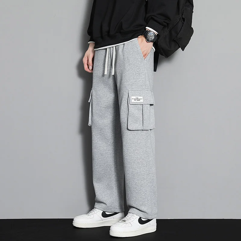 

Casual Loose Fashion Wide Leg Men Sweatpants Solid Pant Male Spring Sportswear Drawstring Elastic Waist Autumn Straight Trousers