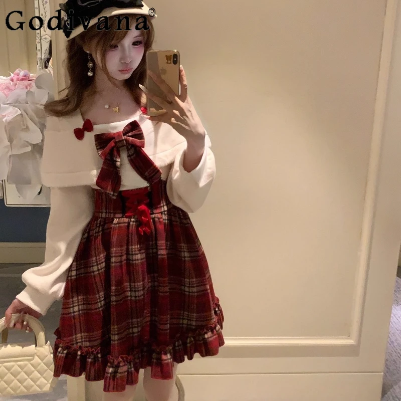 

Christmas Cute Sweet Dress for Ladies Autumn Winter Off Shoulder Red Plaid Dress Women's Japanese Style Princess Dress