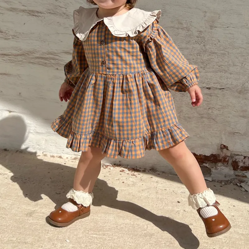 New Spring Girls Clothing Cute Children Dresses Kids Baby Girl Plaid Cotton Linen Lapel Collar Dress Long Sleeve Skirt