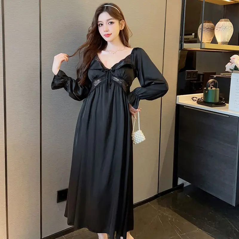 Womens Low Cut V-Neck Hollow Sexy Nightdress Casual Nightgown Comfortable Lace Solid Pajamas Female Spring Autumn Home Clothing