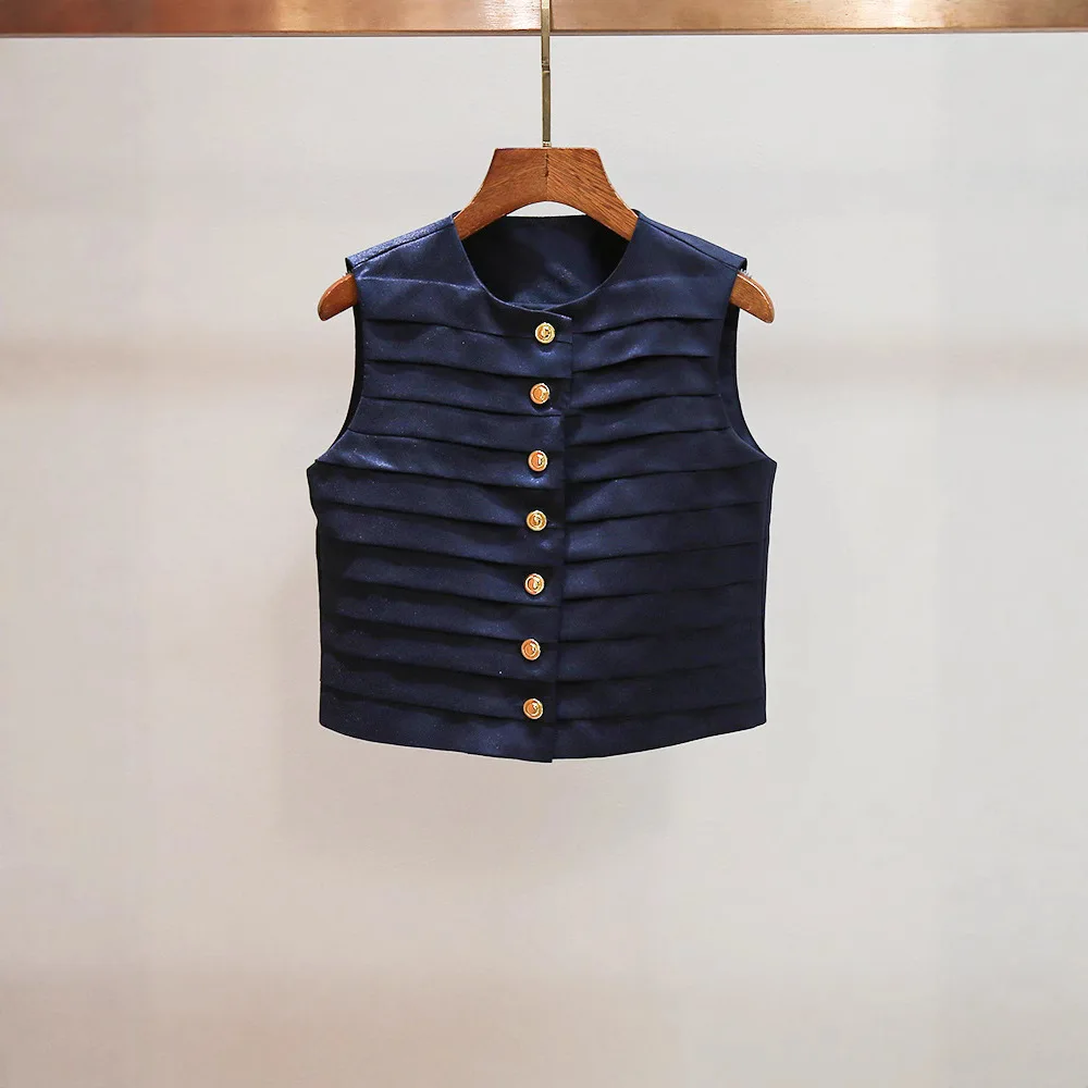 

Women's Summer round Neck Design Pressed Pleat Metal Single Button Open Cardigan Vest Top Loose Fit Commute Style Polyester F...