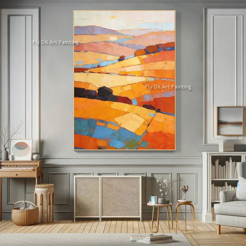 

Красочные настенные декорации: Специальные сине-красно-желтые пейзажи сельской местности, картины маслом на холсте ручной работы, оранжево-желтые произведения искусства для декора