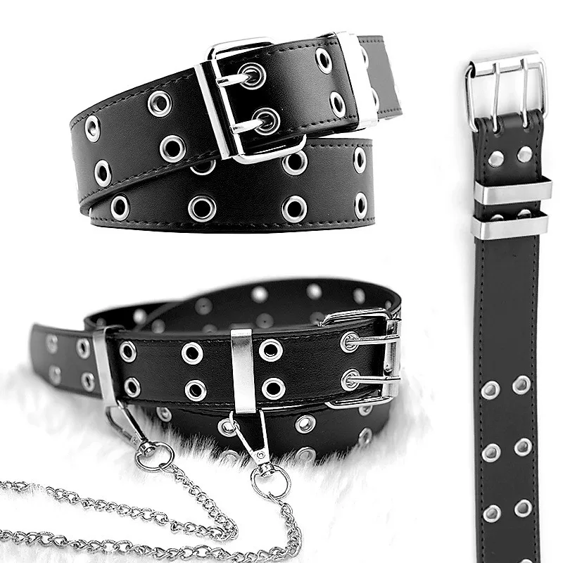 Women Trouser Belt Punk Cool Metal Buckle Adjustable Eyelet Leather Fashion Thin Waistband For Jeans Dress Hole Waist Goth Belt