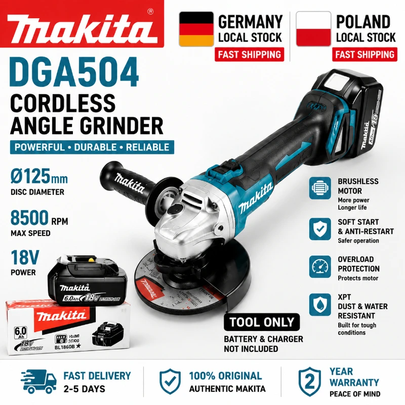 Original Makita DGA504 18V 125mm Bürstenloser Akku-Winkelschleifer (ohne Akku und Ladegerät) LXT Elektrowerkzeug EU Lagerbestand Schneller Versand Kompatibel mit BL1830 BL1840 BL1850 BL1860B 18V 6.0Ah