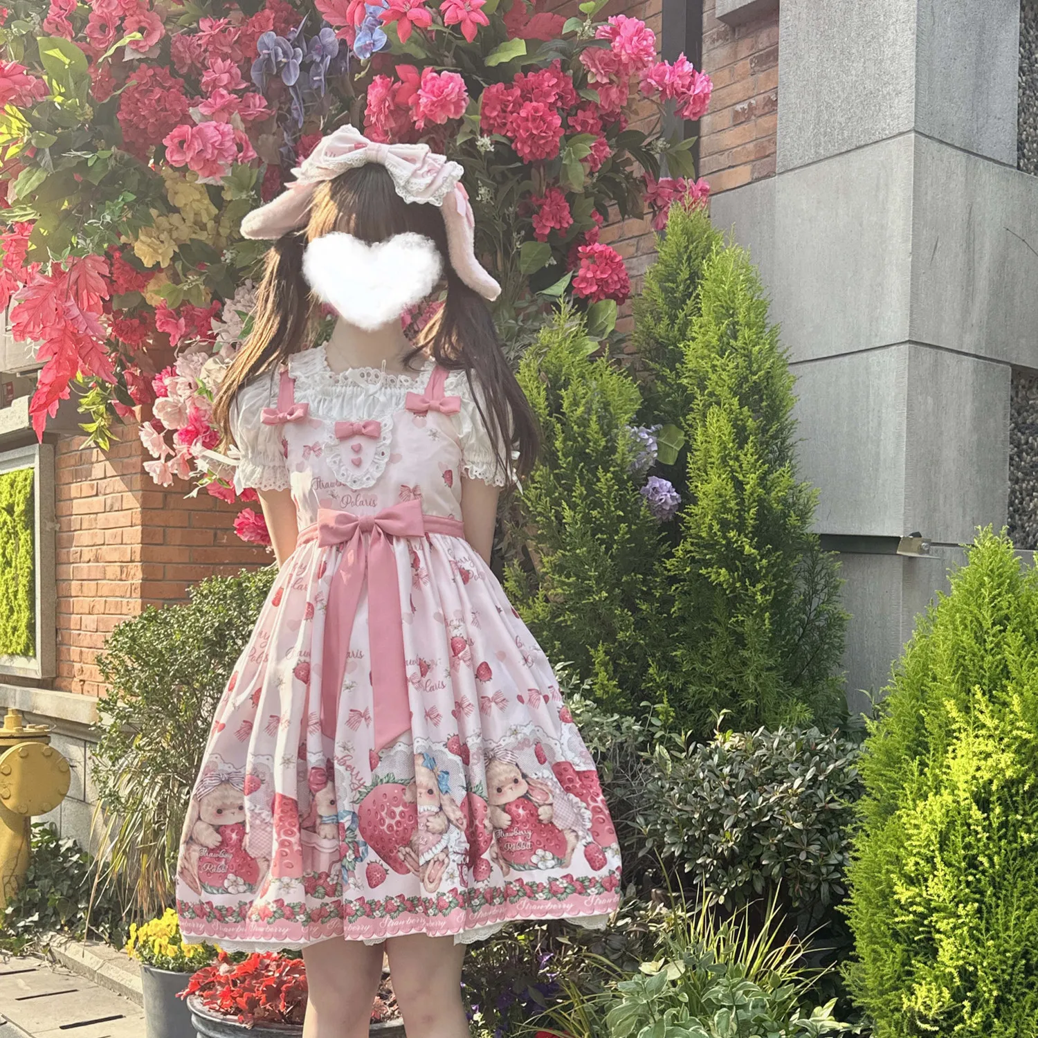 Sweet Lolita Jsk Dress Strawberry Cartoon Cute Rabbit Print Suspenders Dress Japanese Summer Women Kawaii Party Dresses