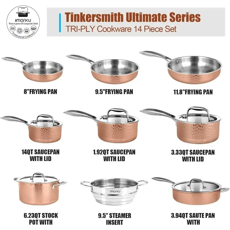 imarku Stainless Steel Pots Pans Set Kitchen Cookware Non-Toxic Tri-Ply Clad Hammered Stainless SteelInductio Oven Dishwasher