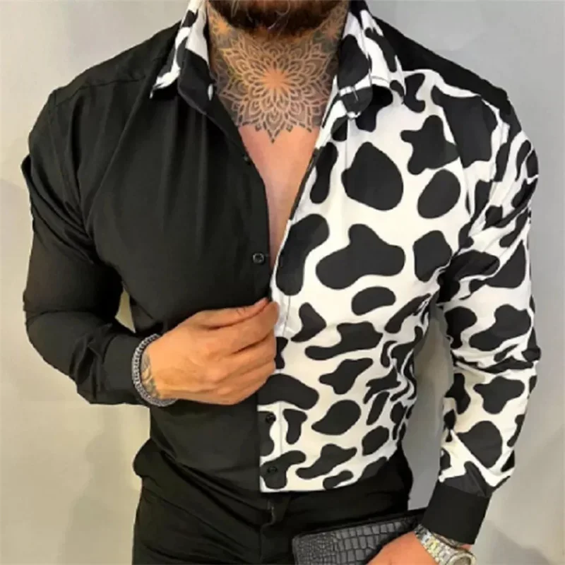 Camisa hawaiana de manga larga para hombre, camisa de playa social de alta gama con forro, Camisa estampada en 3D, color blanco y negro, 2024