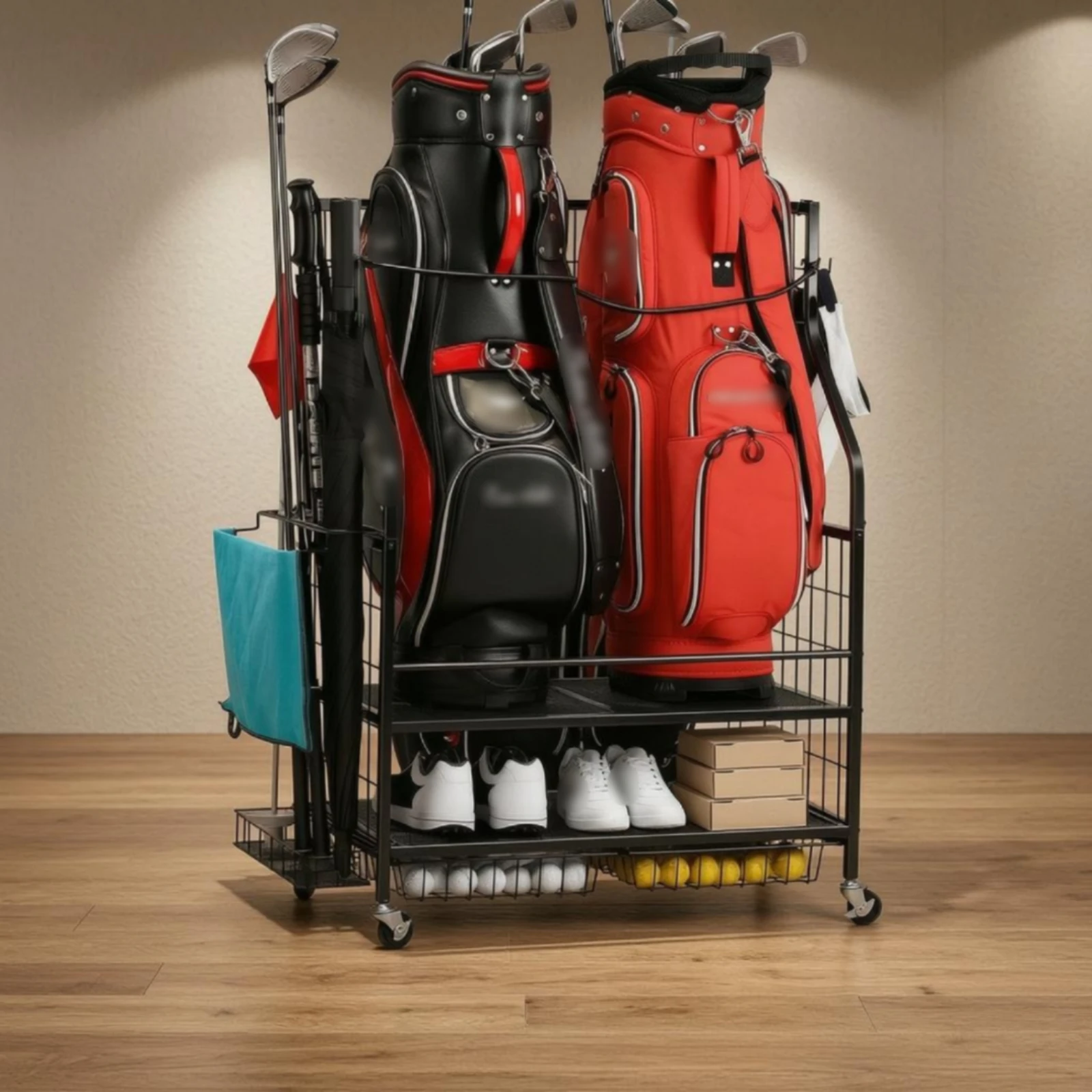 Golf Bag Storage Rack Metal Rolling Golf Bag Rack Two-Tier Mesh Panels