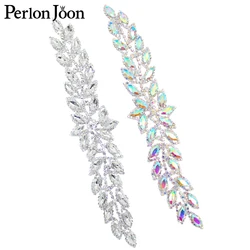 1pcs Ab rhinestone leaves patch Crystal long applique plating sliver sew on Wedding dress decoration accessories YH C035