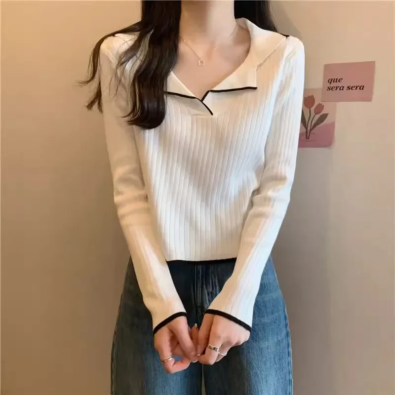 spring Autumn Women's Pullover multicolor Sweater polo collar Elastic Casual Slim base Sweaters Lapel Knitted y2k Bottoming Tops