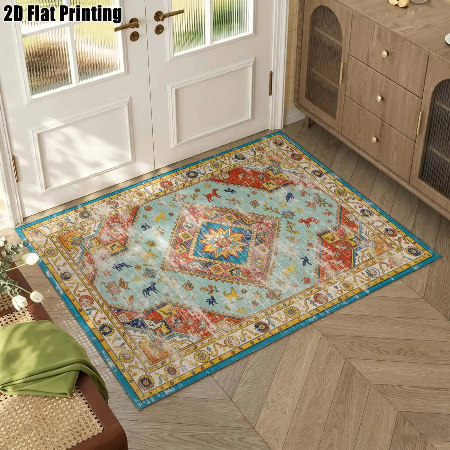 1Pc 2D Printed Retro Blue-Red Geometric Carpet: European/Bohemian Style, Home Decor, Multi-Size, Machine Washable, for Living Room, Bedroom, Dining Room, Entrance, Study