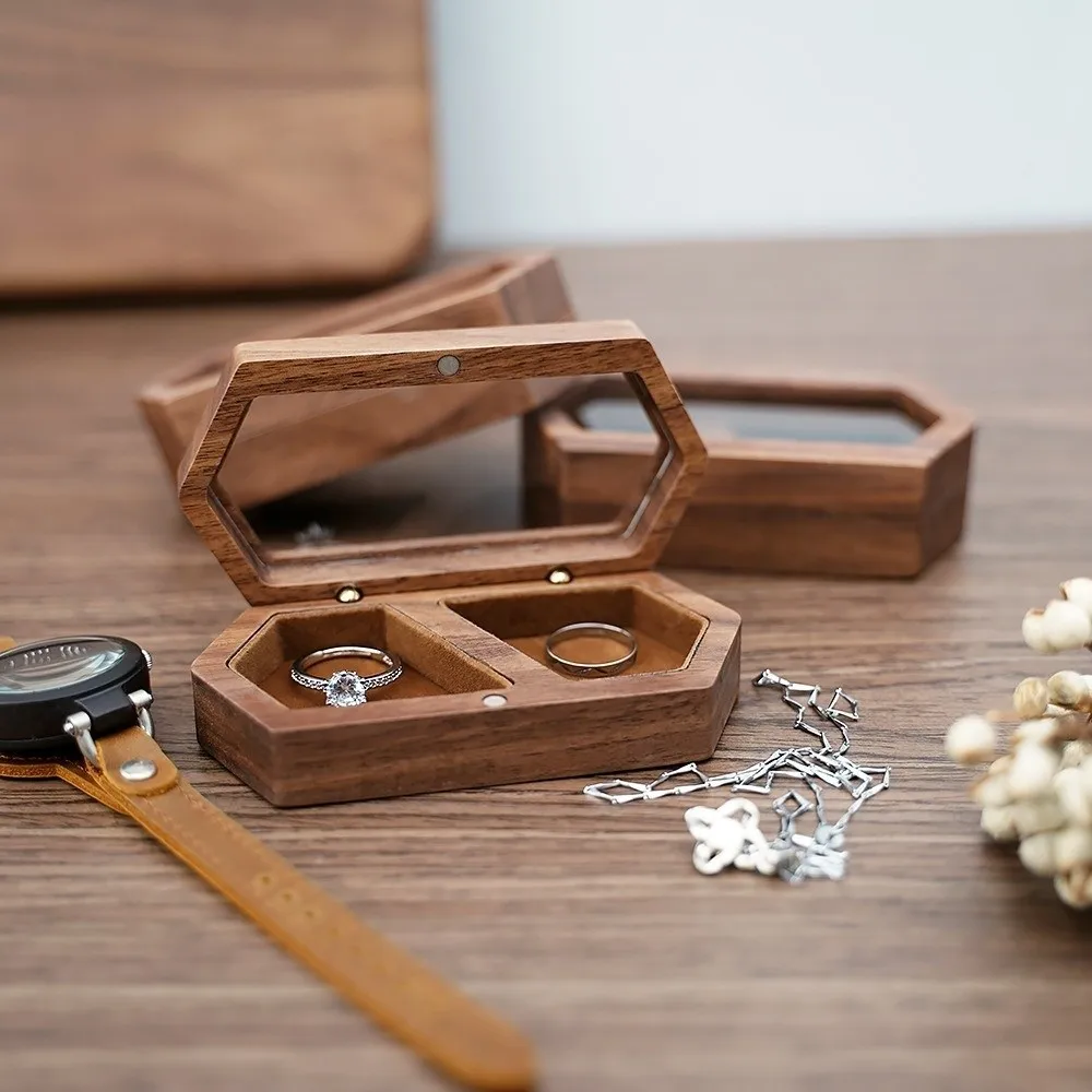 Luxury Hexagon Wooden Ring Box Proposal Gift Velvet Lined Jewelry Storage box Double Seat Engagement Ring Holder