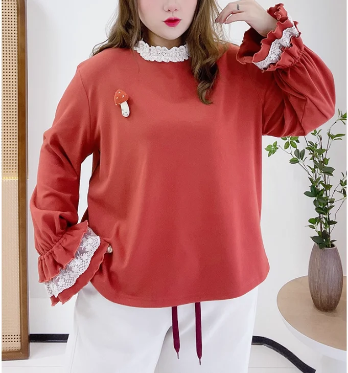 ربيع الخريف حجم كبير المرأة لطيف لوليتا قاع قميص الحلو الدانتيل طاقم الرقبة فضفاضة تنوعا تخفيض العمر بأكمام طويلة #2