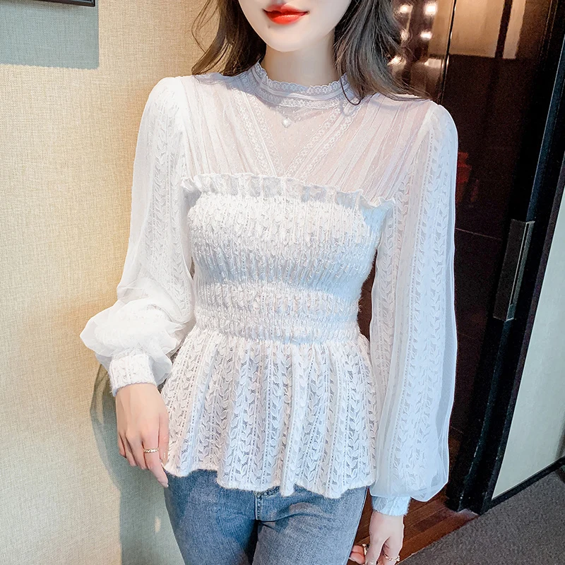 Fashion 2023 Elegant Lace Crocheted Hollow Out Top Stand-up Collar White Blouse Woman Sweet Long Sleeve Shirts Blusas