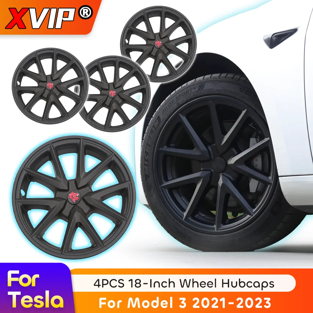 XVIP 18 Inch Hubcaps For Tesla Model 3 2021-2023 Sport Style 4PCS Full Edge Wrapping Style Wheel Covers Hub Caps Replacement Rim