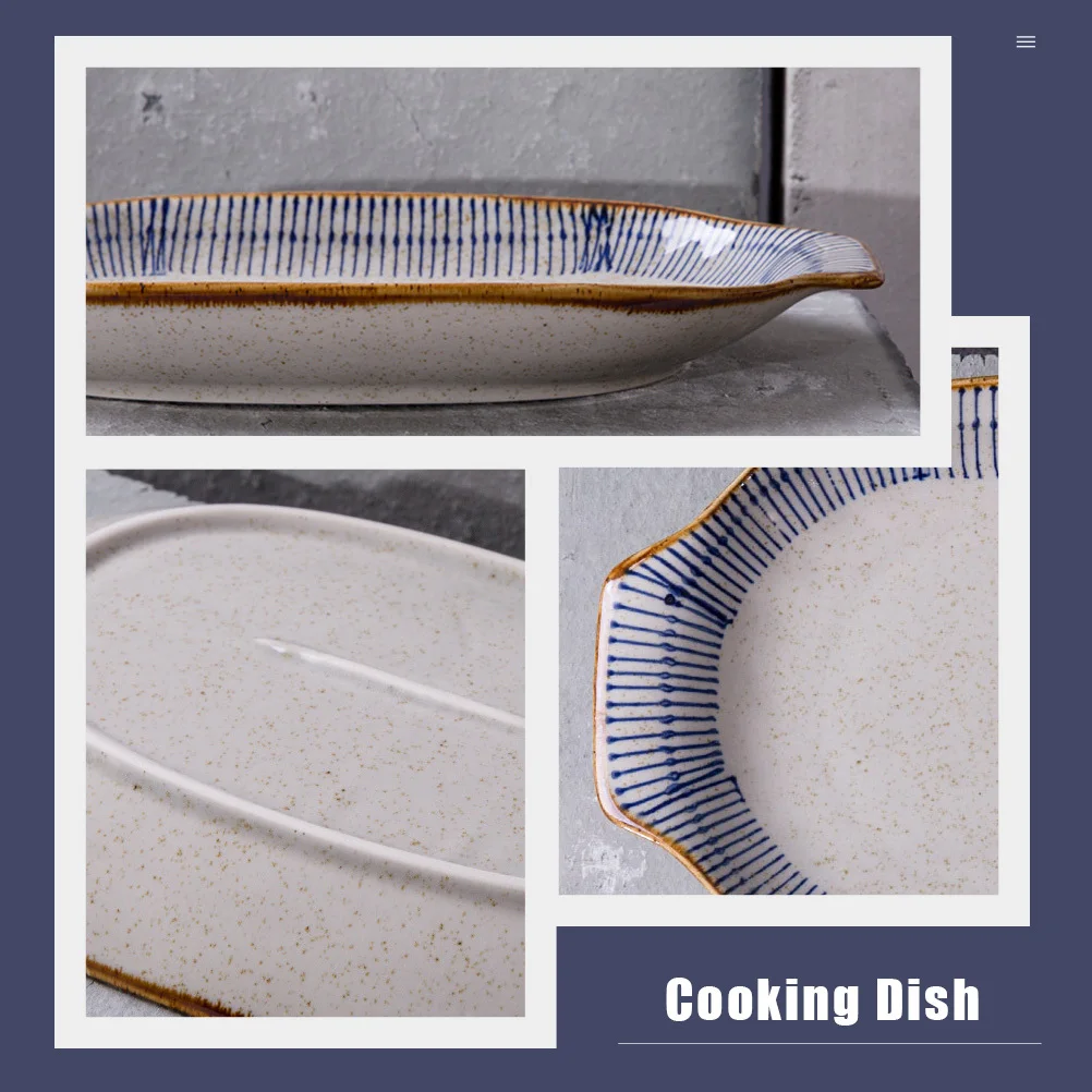 

1Pcs Ceramic Double Handle Fish Steaming Plate Rectangular Oven Safe Kitchen Cooking Serving Tray Heat Resistant