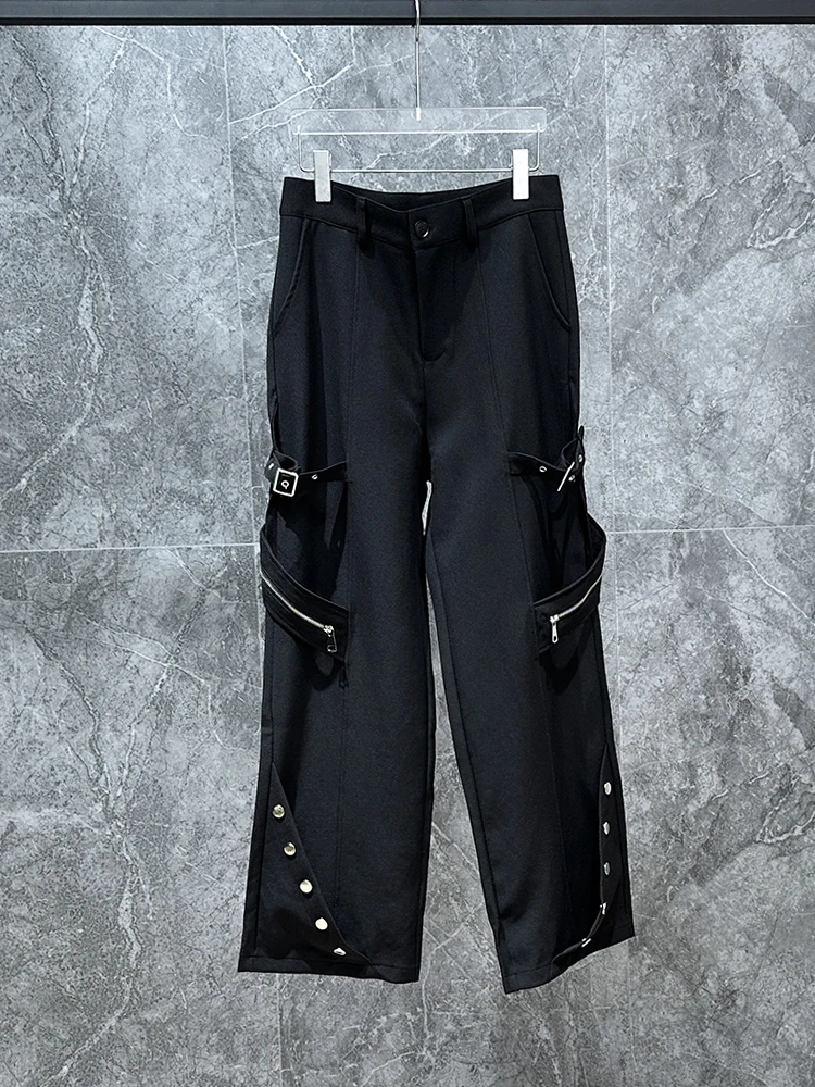 

Металлические декоративные брюки с поясом и молнией, повседневные рабочие брюки в американском уличном стиле, прямые мужские модные брюки