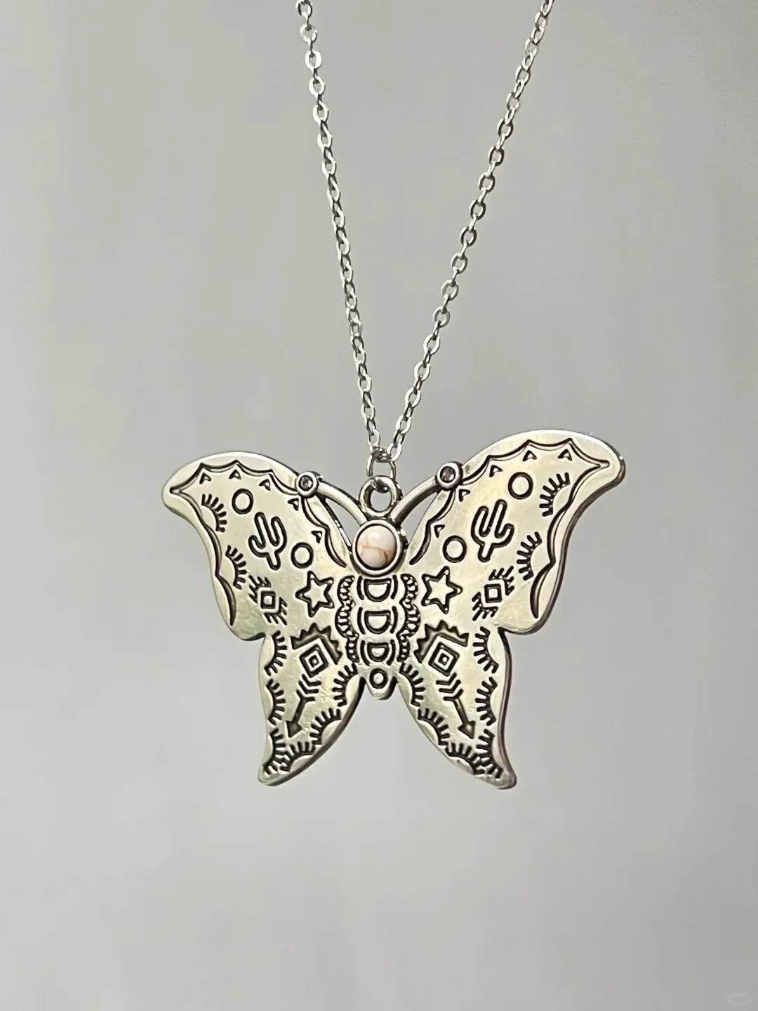 The Middle Ancient Times Style Silver Color Full of Graffiti Rune Patterns Butterfly Necklace UNISEX Couples Versatile Necklace