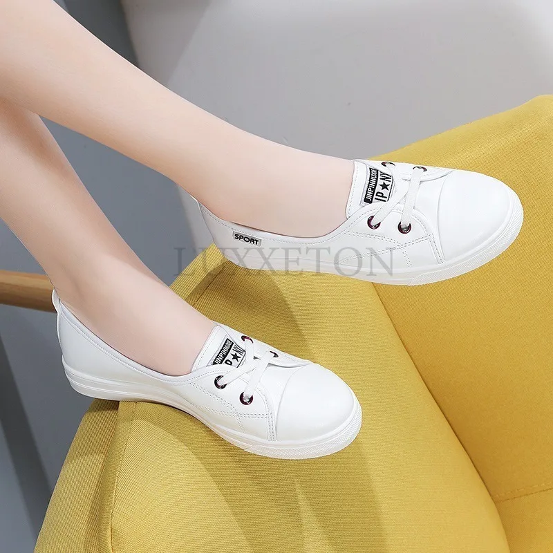 Genuine Leather Round Toe Women Flat Shoes with A Shallow Cut and Low Cut Comfortable Breathable Soft Non Slip Skateboard Shoes