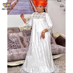 White Bazin Riche Swiss Voile Lace Long Dresses For African Nigeria Women Party Ribbon With Guipure Scarf Basin Riche Dashiki