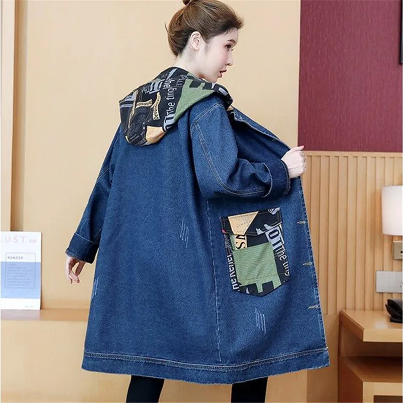 Spring Autumn New Vintage Hooded Jeans Jacket Women Long Sleeve Print Casual Loose Windbreaker Streetwear Denim Coat Female T342