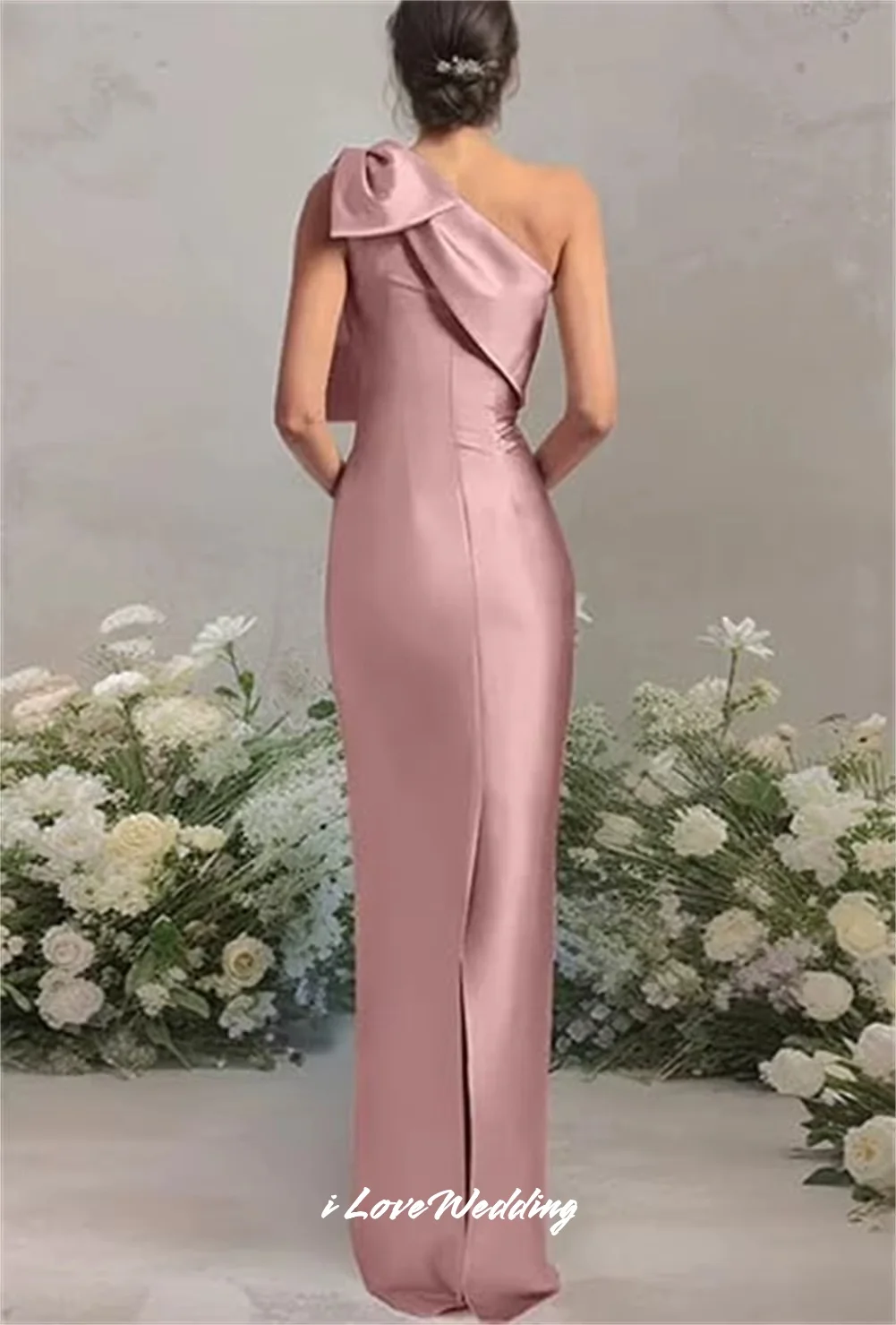 Robes de demoiselle d'honneur asymétrique épaule dénudée avec nœud rose, sirène en Satin fendue, longueur au sol, dos nu, longues robes d'invitées de mariage personnalisées, 2025
